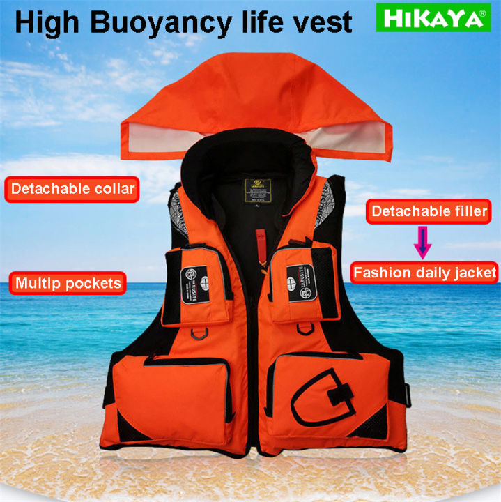 HIKAYA Adults Hooded Life Jackets Multip Pockets Fishing Life Vest with  Whistle Water Sport Safety Vest Swimming Boating Surfing Coast Guard  Lifejacket