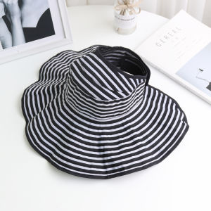Sun Hat Female Summer UV Protection K-style Sun-Proof Face Cover Foldable Stripes Wide Brim Empty Top Cap Shell Sun Hat