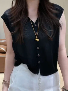 Shalldoer | Elegant V-neck Knitted Vest Womens Casual Single-button Pure Color Summer New Style European Fashion Commute Style Top