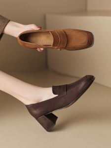 รองเท้าส้นสูงหนังแท้สีน้ำตาลทรงสี่เหลี่ยมสำหรับผู้หญิง รองเท้าทำงานแบบสวม รองเท้าลำลอง รองเท้าส้นหนา รองเท้าหนังขนาดเล็ก รองเท้าส้นแบน รองเท้าแฟชั่น