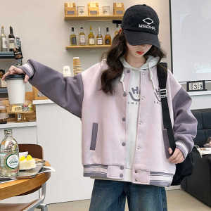Stylish Childrens Baseball Jacket for Girls Unique Super Cute Outerwear Trendy Autumn Top Cotton Blend round Neck Single Button