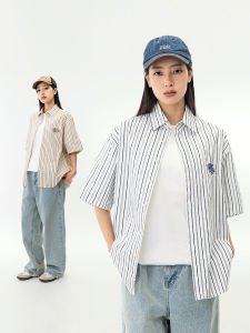 MANNSTU Summer New Japanese Style BF Striped Short Sleeve Shirt Women Loose Casual Couple Shirt Street Style Square Collar