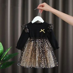 Spring Autumn Korean Style 0-6Y Girls Elegant Mesh Dress Sparkly Tulle Princess Dress Kids Fluffy Party Dress