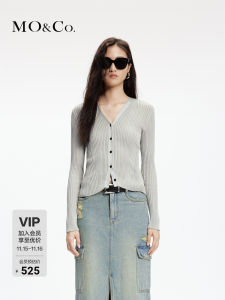 MO&Co. Shiny Onion Thread Knitwear Short V-neck Slim Fit Open Cardigan Street Style Regular Sleeve Long Pure Color Spring