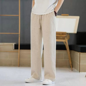 Mens Linen Wide Leg Pants Casual Loose Straight Drapey Cotton-Linen Spring Autumn Fashion Urban Style mid Waist Trousers