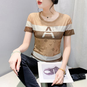 Yimei Áo thun ngắn tay in lưới thời trang mùa hè Áo chui đầu nữ co giãn cỡ lớn Châu Âu mới 2024