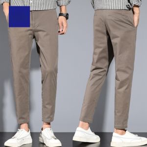 ROMON | Lormen Mens Casual Pants Summer Thin Pure Cotton Slim Straight Leg Elastic No Iron Nine Points Long Pants Ice Silk