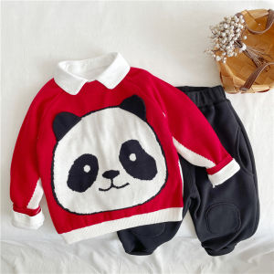 Autumn and Winter Boys and Girls Panda Pure Cotton Wire Sweater Baby Soft Childrens Double-Layer Sweater New Year Red Fashion