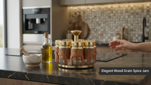 Luxury Gold Lid Spice Jars 6pcs Set with Revolving Stand Glass Kitchen Organizer