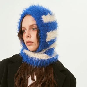 New Wool Blended Plush Balaclava Hat Contrast Color Fluffy Knitted Hat Women Winter Retro Neck Protector Mask Skullies Beanies