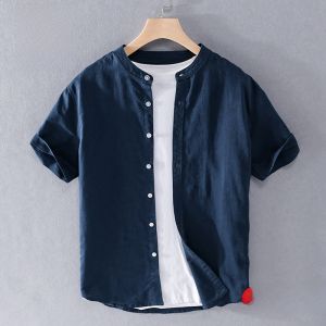 ROMON | Romon Linen Short Sleeve Shirt Mens Summer Thin Casual Cotton Linen Ice Silk Workwear Shirt Jacket Loose Fit Youth Trend