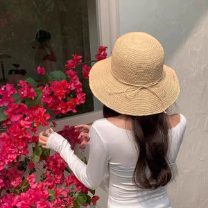 Natural Laffey Straw Hat Women Summer New French Style round Top Large Brim Sunshade Beach Sand Beach Cap Fashion Accessory