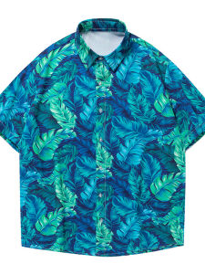 Casual Single Breasted Short Sleeved Shirt Short Sleeve Printed Polyester Fiber Youth Summer Fashion Loose Fit Button up Male Shirt