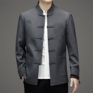 New Chinese Style Thin Long Sleeve Mens Jacket Autumn Outerwear Elderly Clothing Dads Zhongshan Suit Traditional Ethnic Fashion