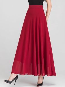 Váy Chữ a Cạp Cao Mùa Hè Mới Màu Đỏ Chiffon Mỏng Che Béo Cho Nữ Váy Khiêu Vũ Dài Đến Giữa Bắp Chân