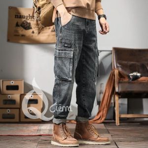 Que Cierra Celana Cargo Jeans Pants Pria Denim Loose fit Stretch Snow Grey