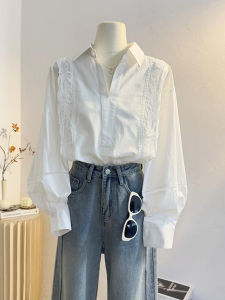 WANGGONGZHU | French Style V-Neck Lace Trim Splice Long Sleeve Casual Loose Commute Shirt Women Spring Autumn New Fashion Princess Top