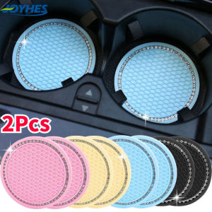 2Pcs Non-slip Car Coasters Water Cup Pad Diamond Rhinestone Rubber Mat for Auto Interior Accessories 7cm