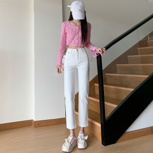 High Waist Loose Straight Leg Denim Jeans Womens White Nine Point Summer New Style Small Size Peach Color Slim Fit Pants