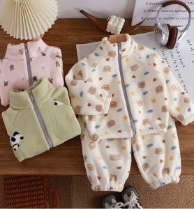 Autumn Winter Kids Thick Fleece Pajama Sets Korean Cartoon Toddler Girls Fashion Plush Warm Outfits 1-4Y Boys Home Wear Suit