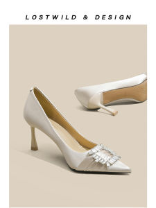 รองเท้าส้นสูงหรูหรา LOSTWILD สำหรับผู้หญิง 2025 รองเท้าแต่งงานแบบสวมหัวแหลม ด้านข้างเป็นรูปสี่เหลี่ยม ด้านหลังเป็นรูปสี่เหลี่ยม รองเท้าส้นเดี่ยว