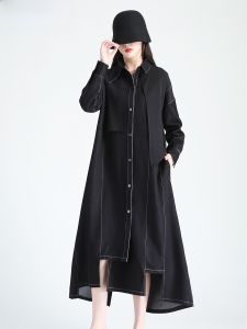 เรียบหรู แขนยาว เดนิม เดรสเชิ้ต ผู้หญิง เอวสูงสั่งทํา เสื้อแจ็คเก็ต ปกเสื้อ กระโปรงแม็กซี่ ทันสมัย ฤดูใบไม้ผลิ ฤดูใบไม้ร่วง สวมใส่