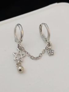 1PCS Silver Color Star Chain Double Ear Hole Ear Bone Nail Y2K Fashion Hottie Earrings For Women Jewelry