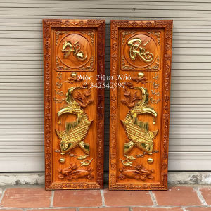 Đôi tranh cá chép rát vàng gỗ hương cực dày Cao 107117cm