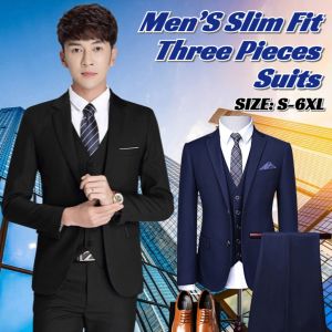 Fashion Men’S Three Pieces Suits Slim Fit Suit Set Jacket Blazer Vest Pants Set Wedding Business Suit Formal Suit