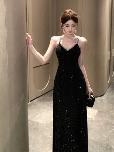 Elegant Sequin Womens Dress Gentle Noble French Style High Waist Knitted Fabric No Sleeve V-Neck Evening Gown for Ladies