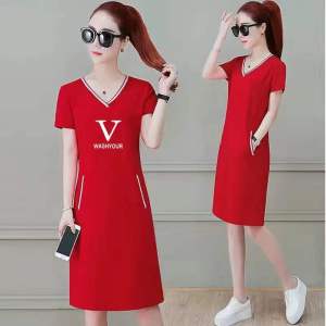 Summer New V-neck Midi Dress Women Loose Fit Short Sleeve Pure Cotton A-line Skirt Korean Style Comfortable Breathable Dress