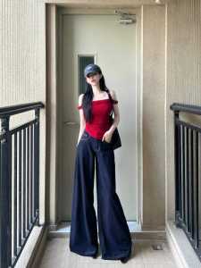 Quần Jeans Ống Rộng Dài Màu Xanh Đậm Phong Cách Mỹ Cổ Điển Cho Nữ Mùa Hè Quần Ống Rộng Thường Ngày Dài Đến Sàn