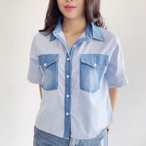 QUEENTIN Kemeja Wanita Kombinasi 0549 Katun Polymicro Motif Salur Mix Baby Denim Jeans Lengan Pendek