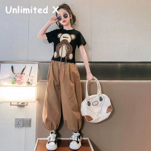 Unlimited X Two Piece Set of Casual Loose Pants Short Sleeves Cartoon Teddy Bear Children's Summer Suit