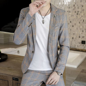 Spring 2025 Mens Stylish Slim Fit Checkered Suit Set Two-Piece Korean Trendy Casual Formal Outfit