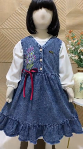 DRESS JEANS GEMPITA BORDIR ANAK PEREMPUAN USIA 3 - 10 TAHUN / BAJU DRESS 2IN1 MODEL KOREAN STYLE - LONG DRESS DENIM ANAK VIRAL TERBARU