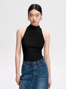 Áo Ba Lỗ Cổ Cao Bằng Lụa Băng Mỏng Mùa Hè Cho Nữ Áo Ba Lỗ Không Tay Dệt Kim Cổ Treo Thường Ngày Màu Trơn