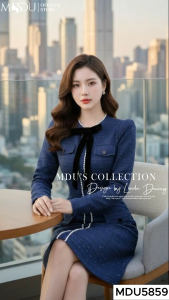 Váy Thiết Kế MDU5859 Dạ Tweed Kim Sa Cao Cấp Gam Xanh Than Trẻ Trung Phối Nơ Nhung Và Dây Ngọc Tinh Tế Từ MDU