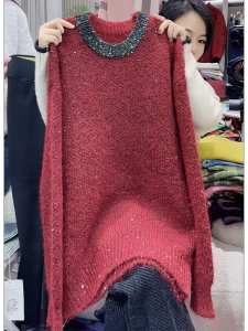 QINGNAER | Elegant Simple Sparkle Round Neck Long Sleeve Knitwear Big Size