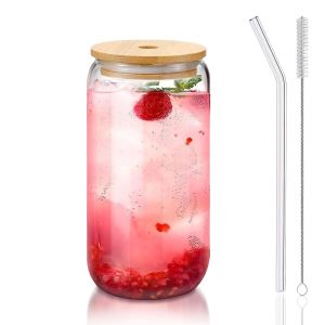 1/2PCS Glass Cup With Lid and Straw 470ML Transparent Bubble Tea Cup Glass Beer Can Milk Mocha Cups Breakfast Mug Drinkware