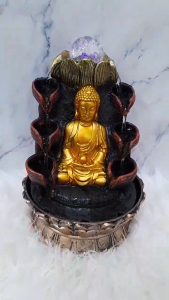Golden Buddha Cascading Water Fountain with LED Crystal Sphere