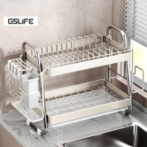 GSlife 🔥🔥2/3Tiers Stainless Steel Dish Rack with Drainer Kitchen Racks Organizer Dish Drying Rack Dish Drainer Rack Plates Organizer Storage Rack