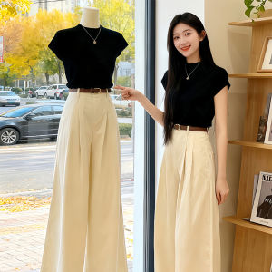 Shalldoer | New Slim Fit Two Piece Set Short Sleeve T-Shirt Wide Leg Pants
