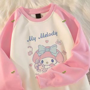 Girls Fleece-lined Round-neck Sweatshirt Color Block Design Sweet Cartoon Print Long-sleeve Thermal Top for Autumn Winter