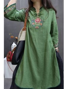 Cotton Linen Midi Dress with Embroidered Button Up Loose Waist Cheongsam Skirt for Women Retro Seven-Point Sleeve Summer Outfit