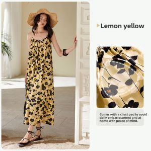 yuenei | Pure Cotton Sleep Dress With Chest Pad Womens Summer Outfit Long Sleeve Round Neck Gown Casual Home Wear Youth Size