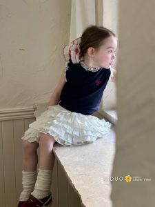 Korean Style Girls Sweet Lace Trim Vest Summer Cute Butterfly Knot Top Layered Cake Skirt Half Skirt Childrens Clothing