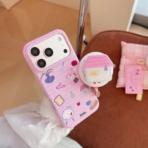 Korean Pink Striped illustration Cartoon House Magnetic Bracket Phone Case For iPhone 17 14 15 16 Pro Max Shockproof Soft Cover