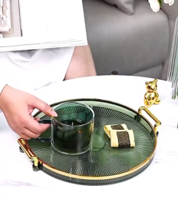 Luxury Decorative Round Tray Gold Serving Tray with Handle for Coffee Table & Tea