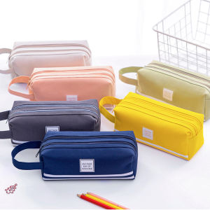 【Local Delivery】Large Capacity Canvas Pencil Case Pencil Bag Pen Pouch Makeup Bag Double Layer with Zipper School Student Boy Girl